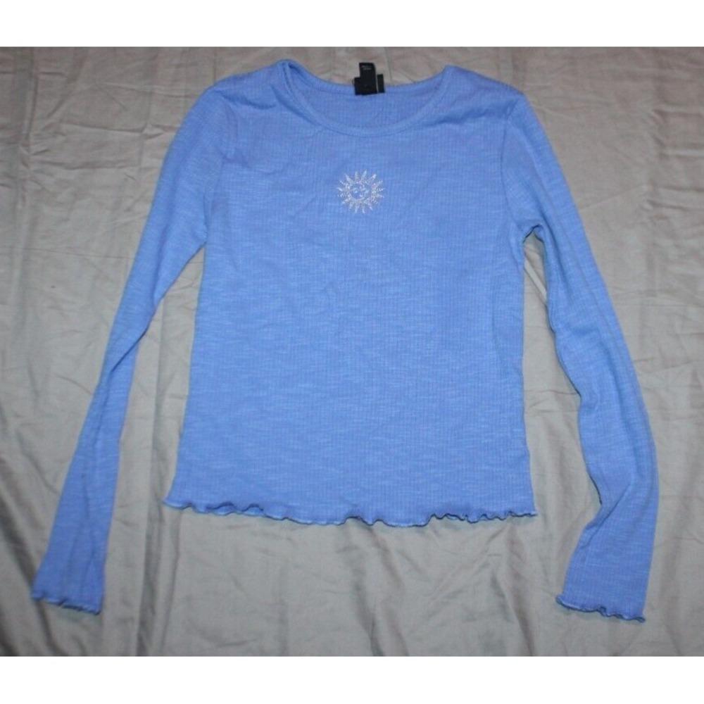 Girls' Long Sleeve Lettuce Trim Edge Ribbed T-Shirt Blue - Art Class - S 6/7